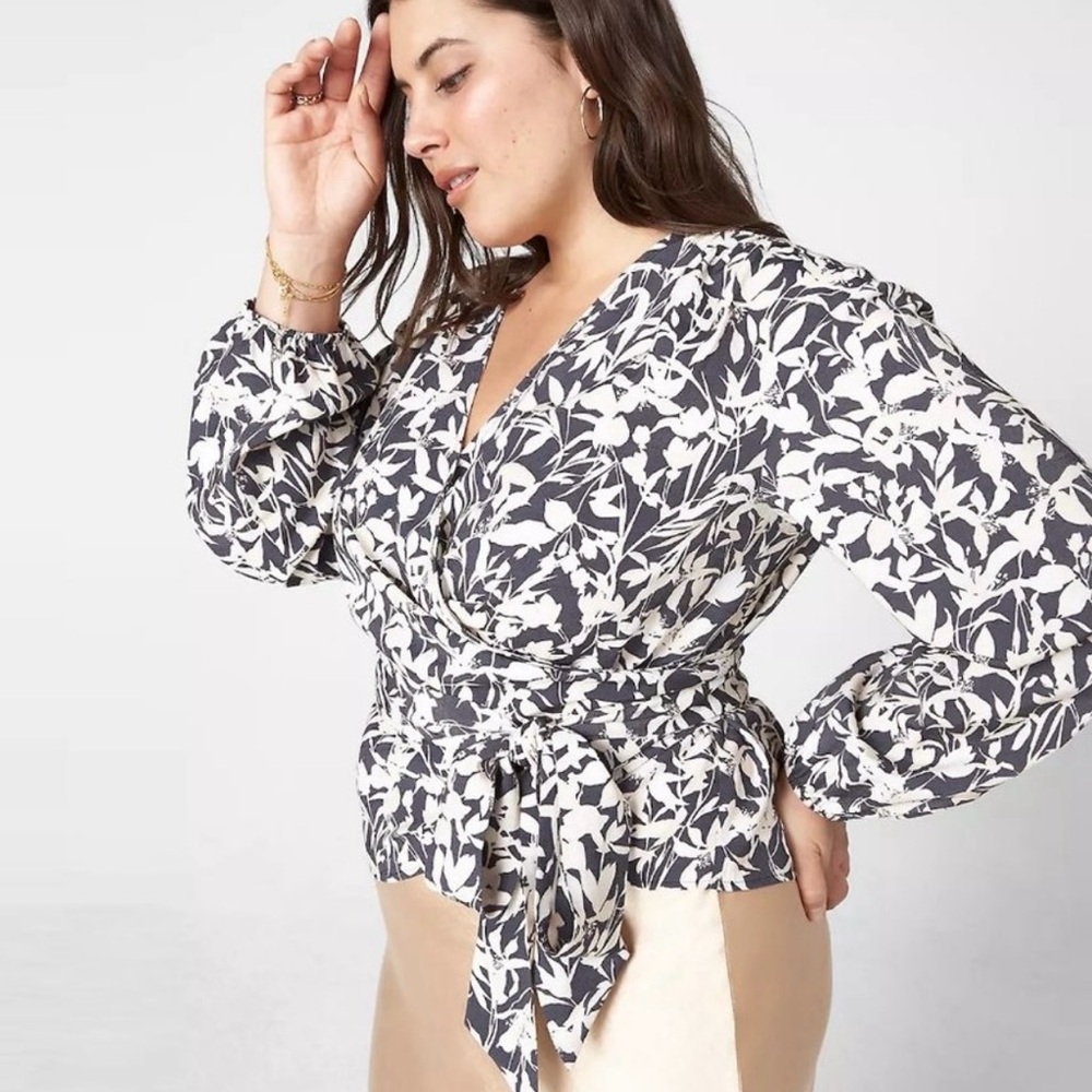 Lane Bryant Cropped Floral Wrap Blouse - Black and Tan